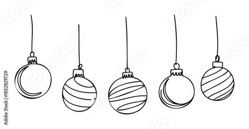 Set of five handdrawn Christmas ornaments hanging by strings, perfect for festive holiday decorations and seasonal greetings.
