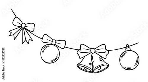 Festive string garland with Christmas ornaments, bows, and bells, perfect for holiday celebrations, seasonal decor, and New Years greetings.