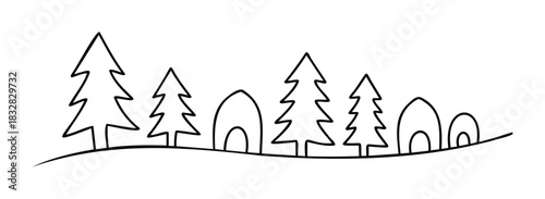 Line drawing of stylized pine trees and tents arranged along a rolling landscape, perfect for outdoor adventure, camping, or nature themes, suitable for web graphics and print.