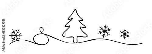 Hand drawn winter holiday border with fir tree, snowflakes, and ornate swirl for festive greeting cards and seasonal decorations.