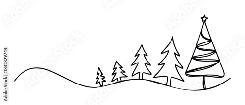 Continuous line drawing of various sized Christmas trees on a snowy hill, perfect for holiday greetings and winter celebrations, offering a minimalist festive feel for your seasonal