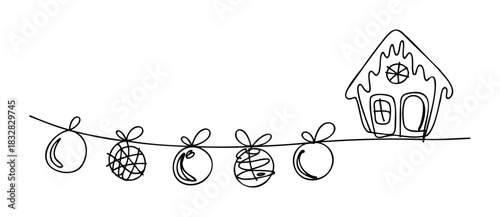 Festive line art string of holiday ornaments and a gingerbread house perfect for seasonal greetings and winter celebrations