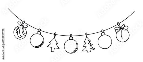 Festive garland of hand drawn Christmas ornaments and trees suspended by a string for holiday decoration and seasonal celebration