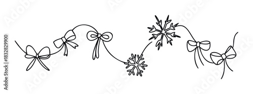 Festive garland featuring delicate bows and snowflakes strung along a wavy line, perfect for holiday and winter celebrations in graphic projects.