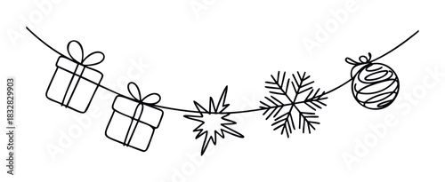 Festive holiday garland featuring gifts, snowflakes, and ornaments strung along a curved line for festive celebrations and seasonal decor.