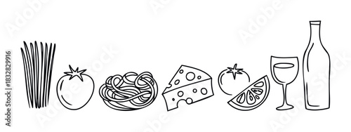 Hand drawn outline food items including pasta, tomatoes, cheese, wine glass and bottle for Italian cuisine themes and culinary presentations