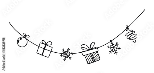 Festive Christmas garland with handdrawn ornaments including baubles, gifts, and snowflakes, perfect for holiday decorations and seasonal themes.