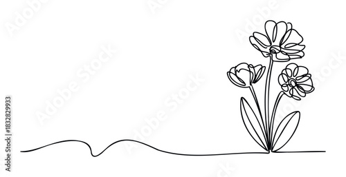 Minimalist single line drawing of three delicate flowers and a wavy ground line, perfect for botanical themes, spring celebrations, and organic branding