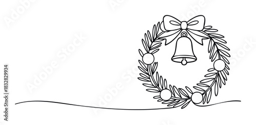 Whimsical continuous line drawing of a festive Christmas wreath adorned with a bell and ornaments, perfect for holiday greetings and winter celebration designs