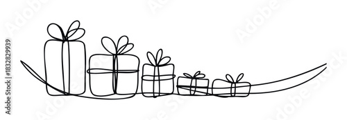 A continuous line drawing of five gift boxes in varying sizes, adorned with bows, arranged diagonally on a sweeping curve, perfect for festive greetings and celebration promotions.