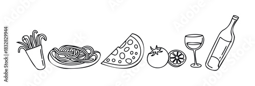 Black and white simple line drawing of Italian food and drink items including pasta, pizza, tomato, lemon slice, wine glass, and wine bottle, perfect for menus and culinary themes.