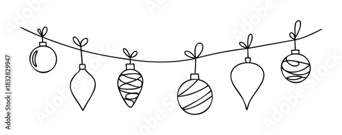 Delicate black outline garland of diverse festive ornaments with bow ties strung along a festive line, perfect for holiday celebrations and winter season announcements