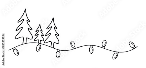Whimsical outline of Christmas trees adorning a wavy string of festive lights, perfect for seasonal greetings and holiday decor projects.