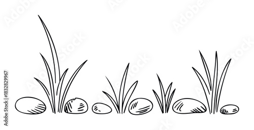 Simple line drawing of grass and stones for naturethemed projects and organic concepts, perfect for backgrounds and naturalistic layouts