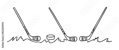 Hockey sticks and puck on rough ground symbolizing a game of ice hockey ready for action, perfect for sports themes and athletic promotion.