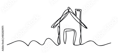 Simple one line drawing of a house with a chimney over wavy ground representing a home or shelter concept, perfect for real estate or architectural services.
