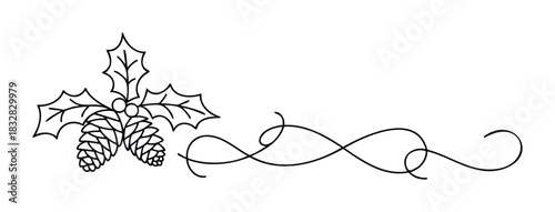 Festive holly sprigs and pinecones with decorative flourishes for holiday greetings and seasonal decor designs