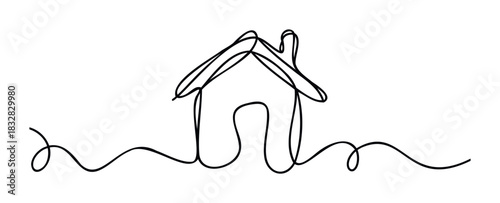 Minimalist single line drawing of a house with a wavy line representing the ground, perfect for real estate and homeownership themes.