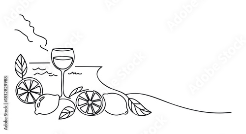 Delicate line drawing of a wine glass surrounded by lemons and leaves, suggesting refreshing drinks and summer vibes, perfect for beverage promotions and seasonal marketing.