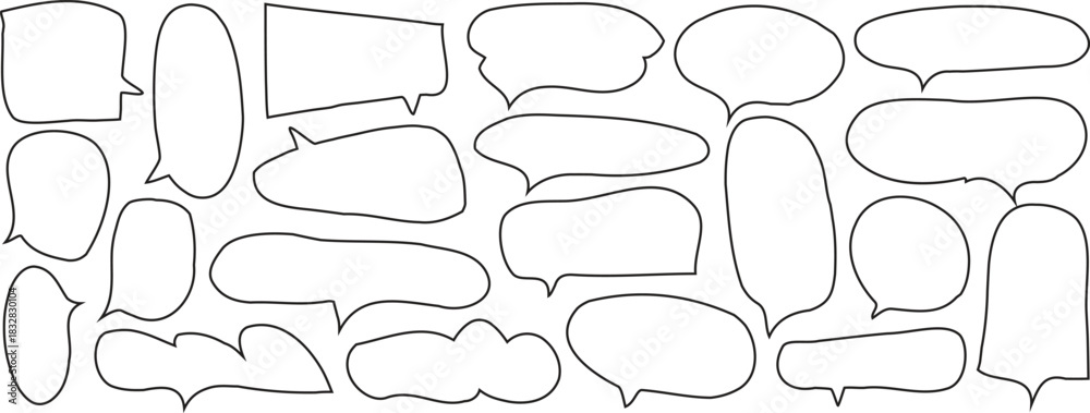 Obraz premium Hand-drawn speech bubble outline collection in varied cartoon shapes. Clean minimalist dialogue frames perfect for comics, messaging, and creative design. Ideal for captions, notes, and graphic