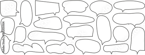 Hand-drawn speech bubble outline collection in varied cartoon shapes. Clean minimalist dialogue frames perfect for comics, messaging, and creative design. Ideal for captions, notes, and graphic 