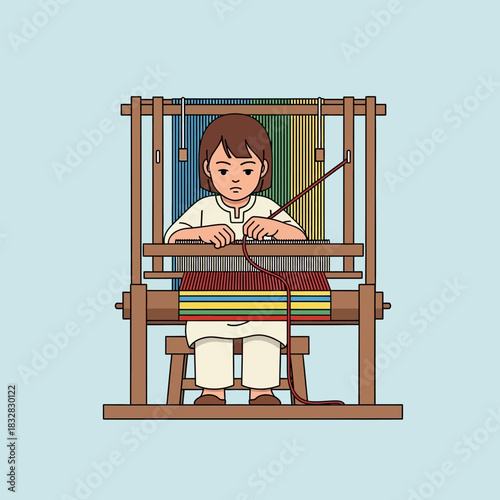 A focused young artisan in simple white clothing weaving a colorful textile on a traditional wooden floor loom.