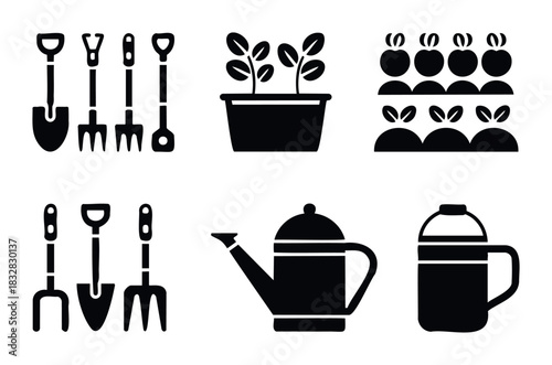Collection of black silhouette icons representing gardening tools plants watering can and container for planting suitable for agricultural or home gardening applications
