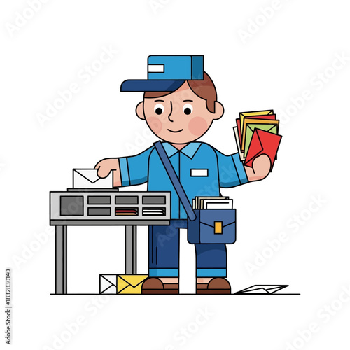 A friendly cartoon mailman in a blue uniform and cap sorting letters and envelopes at a mail station.