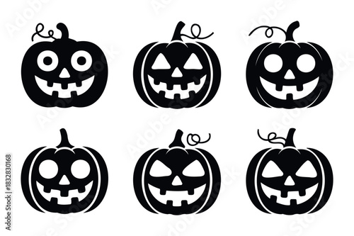 Set of six black jack o lanterns with spooky carved faces and curly stems, perfect for Halloween party invitations, spooky season decorations, and festive holiday promotions.