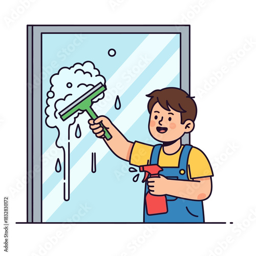 Cartoon boy in blue overalls cleaning a soapy window with a green squeegee and red spray bottle.