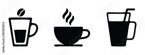 Collection of black coffee cup icons with steam, coffee bean, and straw for beverage concept and food service industry applications