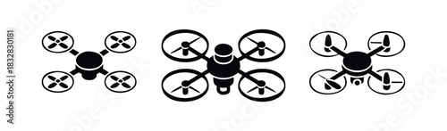 Collection of three black drone icons in different perspectives for technology and aerial photography concepts