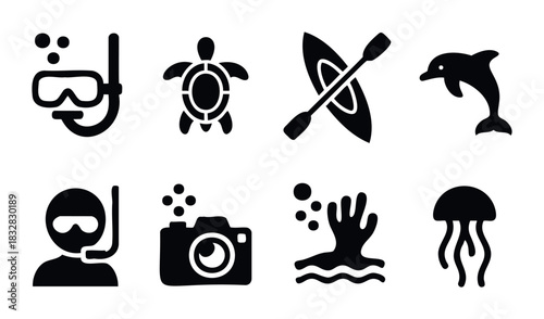 Collection of eight black and white aquatic sport and marine life icons for use in travel and adventure promotions.