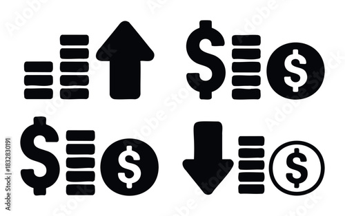Collection of financial symbols including upward and downward trends, stacks of coins, and currency icons for economic concepts and business finance.