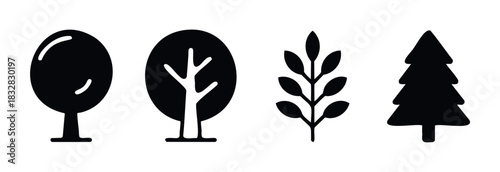 Collection of simple black silhouette icons representing various trees and foliage, ideal for nature themes and organic branding.