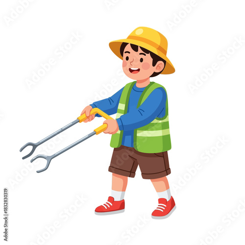 Cheerful Young Boy in Yellow Hat and Vest Holding Litter Picker.