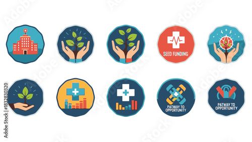 A collection of ten circular flat design icons representing concepts such as healthcare, medical facilities, plant growth, seed funding, brain development, and pathways to opportunity.