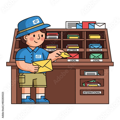 Cheerful Cartoon Postman Sorting Mail at Wooden Desk with Various Compartments.