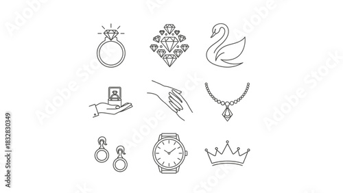 A collection of minimalist line art icons depicting various jewelry items and luxury accessories.