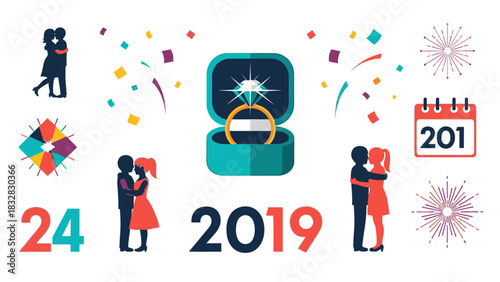 Illustration of a couple, engagement ring, confetti, and fireworks celebrating love and the year 2019.