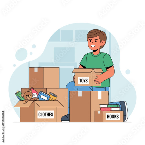 Smiling man sorting donation boxes - toys, clothes, and books for charity.