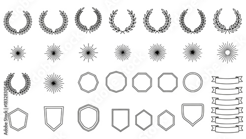 A comprehensive collection of outline vector graphic elements including laurel wreaths, starbursts, shields, banners, and various geometric frames for design projects.