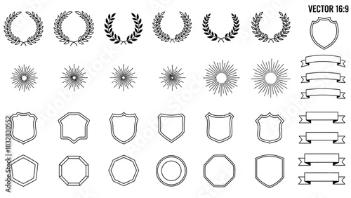 A collection of vector graphic elements including laurel wreaths, sunbursts, shields, frames, and ribbons for design projects.