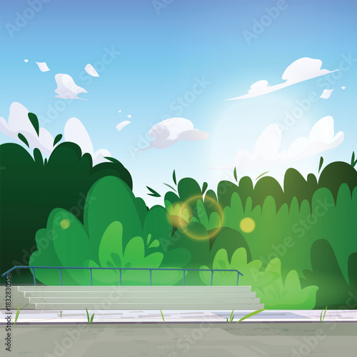 Illustration of a lush garden with a sidewalk, and clouds in summer.