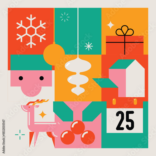 Bright Color Merry Christmas Modern Minimalist Geometric Design with Santa, Reindeer, Decorations and Gifts. Vector Illustration.