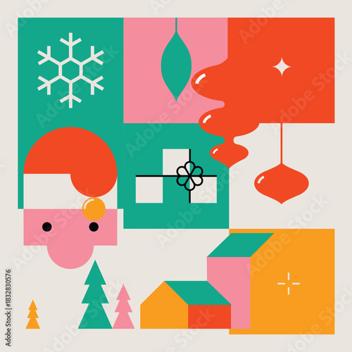 Bright Color Merry Christmas Modern Minimalist Geometric Design with Santa, Tree, Decorations and Gifts. Vector Illustration.