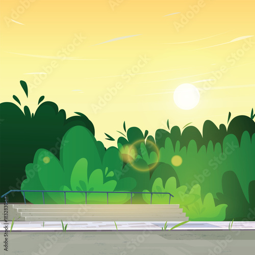 Illustration of a lush garden with a sidewalk, and clouds in summer.