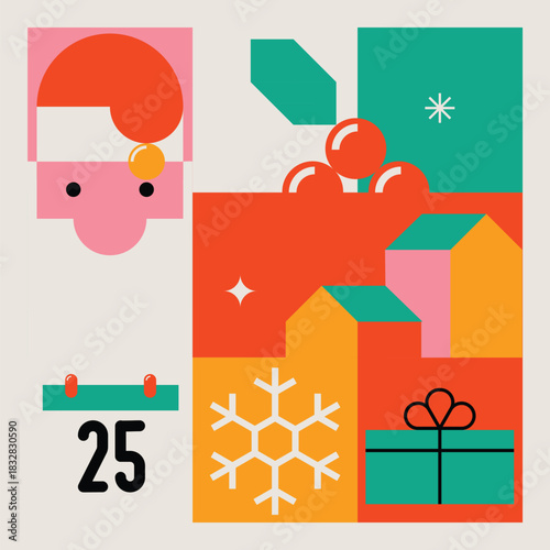 Bright Color Merry Christmas Modern Minimalist Geometric Design with Santa, Snow Flake, Decorations and Gifts. Vector Illustration.