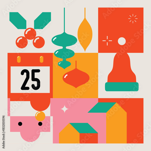 Bright Color Merry Christmas Modern Minimalist Geometric Design with Santa,  Hat, Decorations and Gifts. Vector Illustration.