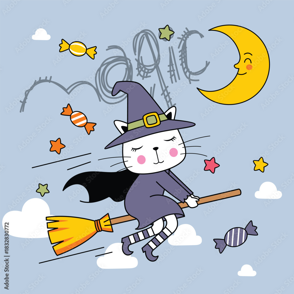 Obraz premium Cute cat wearing witch costume flying on broom with candy and stars in Halloween illustration 